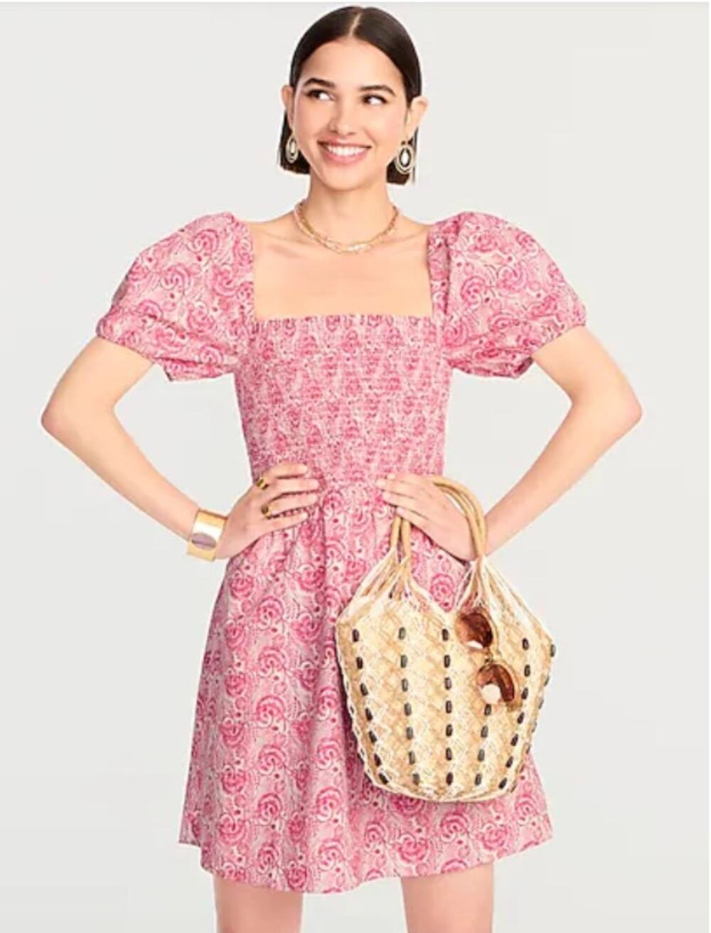 J.Crew Puff Sleeve Smocked Mini Dress Dandelion Swirl Pink XL BI557